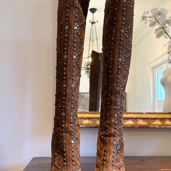 AUTHENTIC Saint Laurent *Ella* Studded Brown Suede Knee Boots IT 37/US 7 - Picture 3 of 16